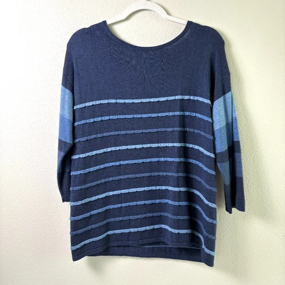 Chicos Touch of Cashmere Striped Sweater Size 1 US M 8 10 Blue Indigo Pullover